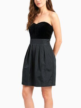 Black Strapless Velvet Corset Dress Sz 6 Taffeta Pleated Whimsigoth Y2K Chic LBD